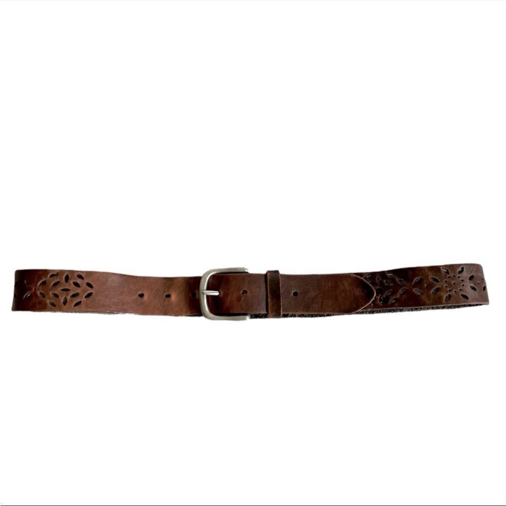 VINTAGE Brown Leather Belt Perforated Silver Buckle XL